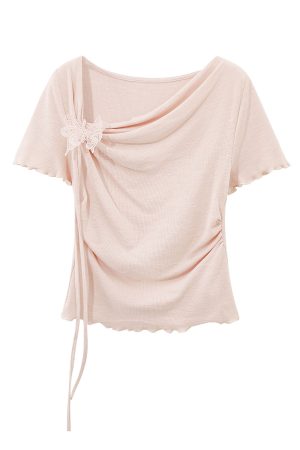 Pink Sweet Women's Off-Shoulder Short Sleeve T-Shirt with Irregular Ruffle Edge and Butterfly Decor, 2025 Summer Fashion Trend