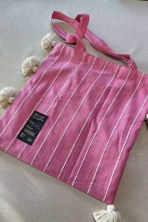 Pink Tassel Shoulder Bag for Women - Artistic Striped Design, Large Capacity Thai Niche Style Underarm Bag