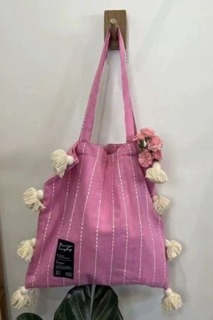 Pink Tassel Shoulder Bag for Women - Artistic Striped Design, Large Capacity Thai Niche Style Underarm Bag