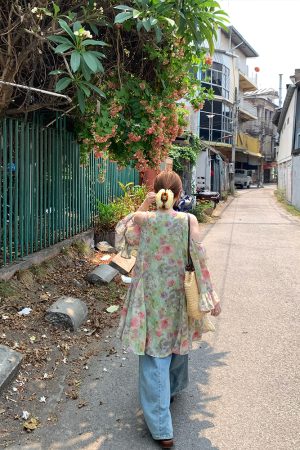 Pink Wave Off-Shoulder Chiffon Tie V-Neck Dress - Women's Vintage Spring A-Line Mid-Length Skirt, 90s Inspired Fashion