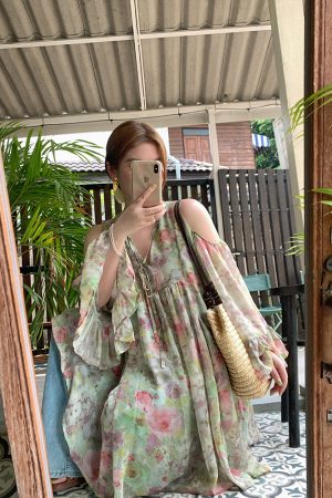 Pink Wave Off-Shoulder Chiffon Tie V-Neck Dress - Women's Vintage Spring A-Line Mid-Length Skirt, 90s Inspired Fashion