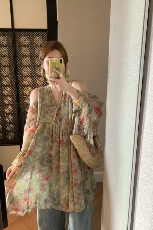 Pink Wave Off-Shoulder Chiffon Tie V-Neck Dress - Women's Vintage Spring A-Line Mid-Length Skirt, 90s Inspired Fashion