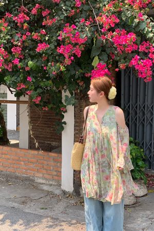 Pink Wave Off-Shoulder Chiffon Tie V-Neck Dress - Women's Vintage Spring A-Line Mid-Length Skirt, 90s Inspired Fashion