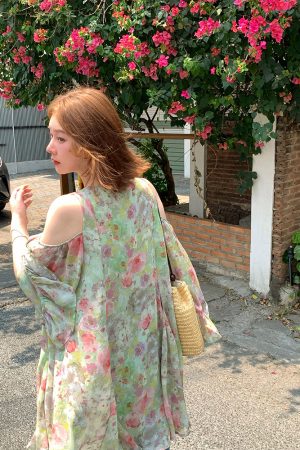 Pink Wave Off-Shoulder Chiffon Tie V-Neck Dress - Women's Vintage Spring A-Line Mid-Length Skirt, 90s Inspired Fashion