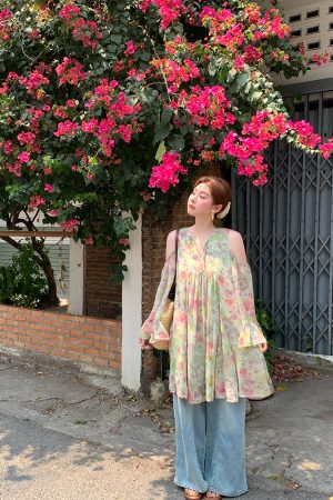Pink Wave Off-Shoulder Chiffon Tie V-Neck Dress - Women's Vintage Spring A-Line Mid-Length Skirt, 90s Inspired Fashion