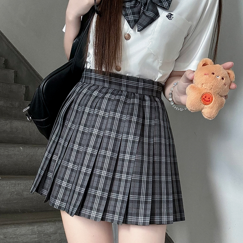 Plaid A-Line Pleated Skirt for Women - Summer College Style JK Uniform in Smoke Gray - Cute 90s Inspired Student Fashion Plaid A-Line Pleated Skirt for Women - Summer College Style JK Uniform in Smoke Gray - Cute 90s Inspired Student Fashion