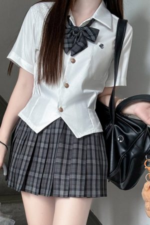 Plaid A-Line Pleated Skirt for Women - Summer College Style JK Uniform in Smoke Gray - Cute 90s Inspired Student Fashion