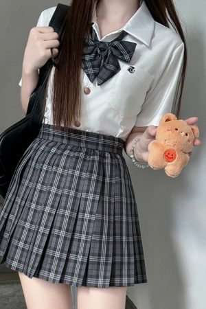 Plaid A-Line Pleated Skirt for Women - Summer College Style JK Uniform in Smoke Gray - Cute 90s Inspired Student Fashion
