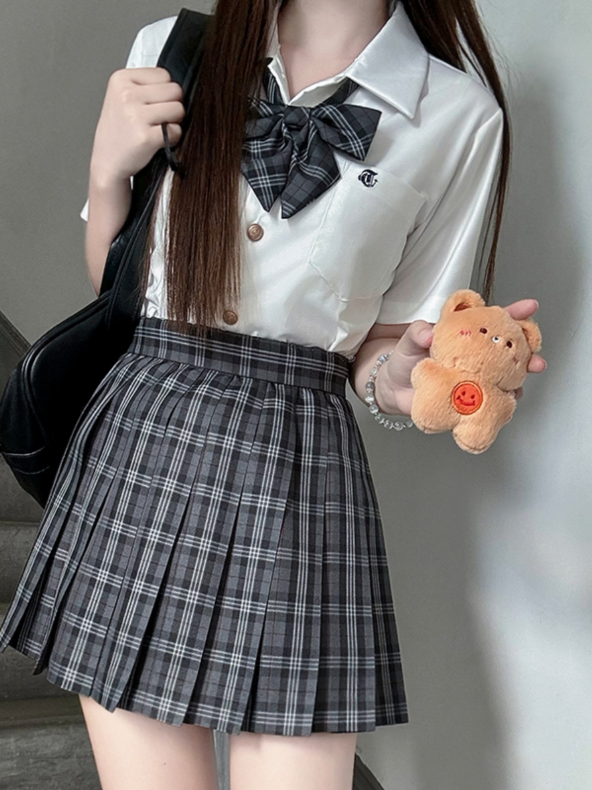 Plaid A-Line Pleated Skirt for Women - Summer College Style JK Uniform in Smoke Gray - Cute 90s Inspired Student Fashion Plaid A-Line Pleated Skirt for Women - Summer College Style JK Uniform in Smoke Gray - Cute 90s Inspired Student Fashion