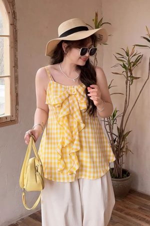 Plaid Bow Tie Sleeveless Top for Plus Size Women - Flattering Summer Blouse for Curvy Figures, Sweet Design and Age-Reducing Style