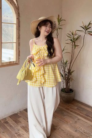 Plaid Bow Tie Sleeveless Top for Plus Size Women - Flattering Summer Blouse for Curvy Figures, Sweet Design and Age-Reducing Style