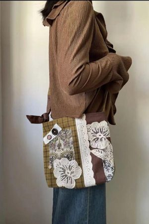 Plaid Bucket Bag with Lace Splicing - Versatile Shoulder & Crossbody Bag for Autumn and Winter Style