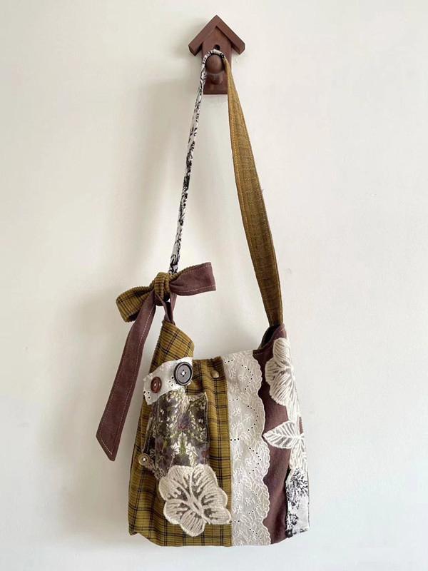 Plaid Bucket Bag with Lace Splicing - Versatile Shoulder & Crossbody Bag for Autumn and Winter Style Plaid Bucket Bag with Lace Splicing - Versatile Shoulder & Crossbody Bag for Autumn and Winter Style