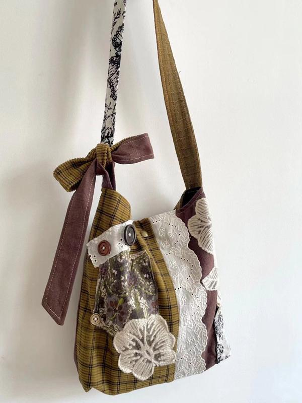 Plaid Bucket Bag with Lace Splicing - Versatile Shoulder & Crossbody Bag for Autumn and Winter Style Plaid Bucket Bag with Lace Splicing - Versatile Shoulder & Crossbody Bag for Autumn and Winter Style