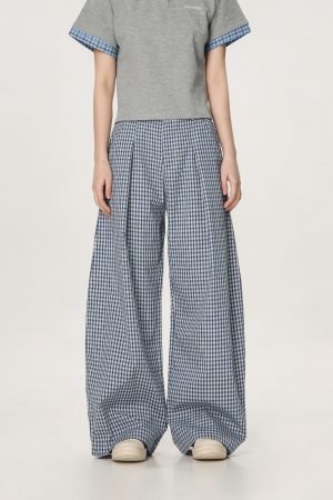 Plaid Casual Pants for Women - Summer Thin Straight Leg Loose BF Wide Leg Style - Trendy American Vibe