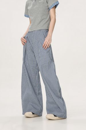 Plaid Casual Pants for Women - Summer Thin Straight Leg Loose BF Wide Leg Style - Trendy American Vibe