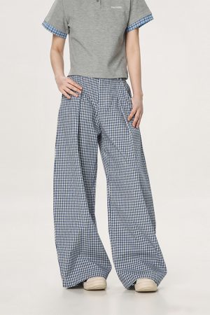 Plaid Casual Pants for Women - Summer Thin Straight Leg Loose BF Wide Leg Style - Trendy American Vibe