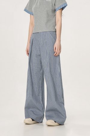 Plaid Casual Pants for Women - Summer Thin Straight Leg Loose BF Wide Leg Style - Trendy American Vibe
