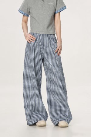 Plaid Casual Pants for Women - Summer Thin Straight Leg Loose BF Wide Leg Style - Trendy American Vibe