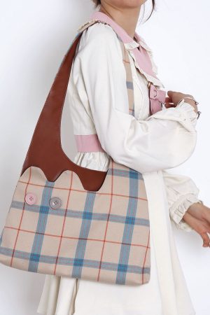 Plaid Color-Blocking Cat Shoulder Bag for Women, Unique Patchwork Design, Large Capacity Crossbody Bag, Cute Fashion Accessory