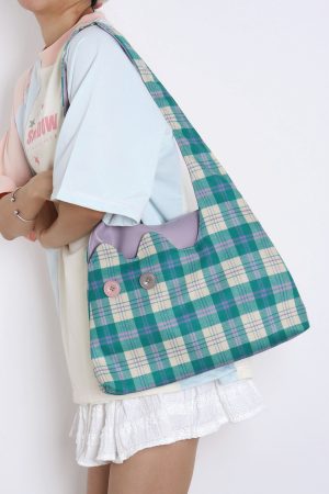 Plaid Color-Blocking Cat Shoulder Bag for Women, Unique Patchwork Design, Large Capacity Crossbody Bag, Cute Fashion Accessory
