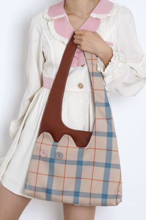 Plaid Color-Blocking Cat Shoulder Bag for Women, Unique Patchwork Design, Large Capacity Crossbody Bag, Cute Fashion Accessory