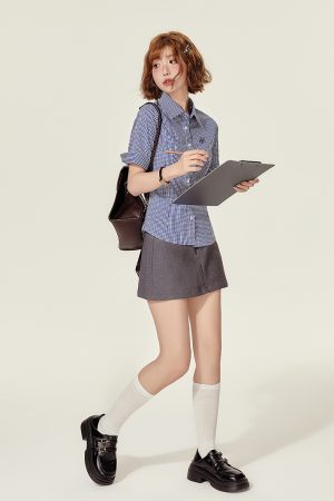 Plaid Embroidered Short Sleeve Shirt for Women - American College Style Waist-Cinching Slim Fit Summer Top