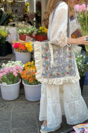 Plaid Lace Trim One-Shoulder Crossbody Bag - Women's Summer Canvas Bag with Floral Design, Vintage Style