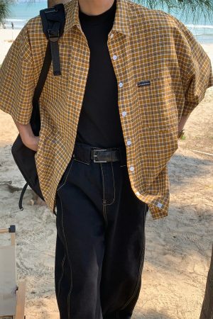 Plaid Short Sleeve Shirt for Women - Handmade Vintage Style - Loose Casual Summer Top - Versatile Niche Trend