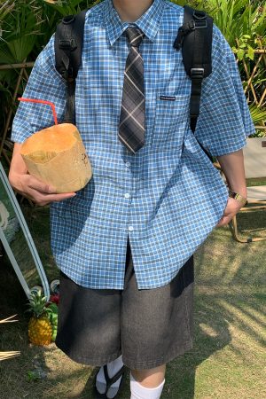 Plaid Short Sleeve Shirt for Women - Handmade Vintage Style - Loose Casual Summer Top - Versatile Niche Trend