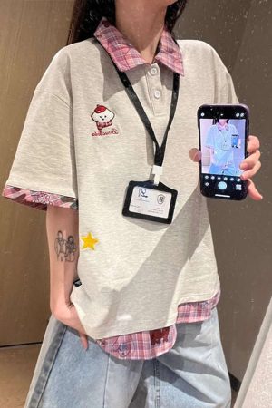 Plaid Spliced Embroidered Puppy Fake Two-Piece Polo Shirt - Women's Short Sleeve T-Shirt for Summer College Style