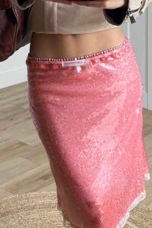 Playful Guava Pink Sequined Bodycon Half Skirt with Lace Trim - Trendy Y2K Style for a Chic Look