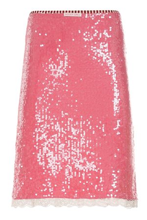 Playful Guava Pink Sequined Bodycon Half Skirt with Lace Trim - Trendy Y2K Style for a Chic Look