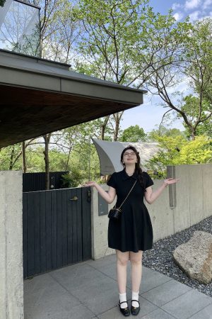 Playful Plus Size Little Black Dress with Polo Collar, Stretchy Slimming Puff A-Line Design for Effortless Style