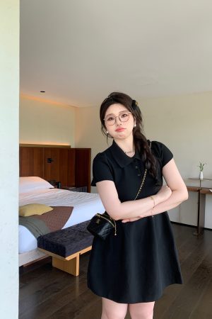 Playful Plus Size Little Black Dress with Polo Collar, Stretchy Slimming Puff A-Line Design for Effortless Style