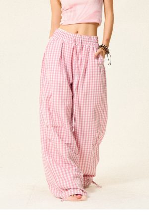 Pleated Checkered Casual Cargo Pants for Women - Summer Thin Wide-Leg Trousers - Y2K Inspired Floor-Length Fashion