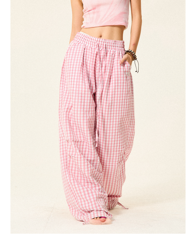 Pleated Checkered Casual Cargo Pants for Women - Summer Thin Wide-Leg Trousers - Y2K Inspired Floor-Length Fashion Pleated Checkered Casual Cargo Pants for Women - Summer Thin Wide-Leg Trousers - Y2K Inspired Floor-Length Fashion