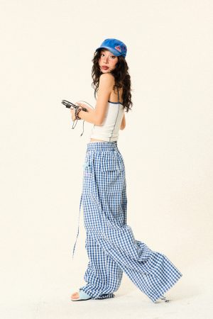 Pleated Checkered Casual Cargo Pants for Women - Summer Thin Wide-Leg Trousers - Y2K Inspired Floor-Length Fashion