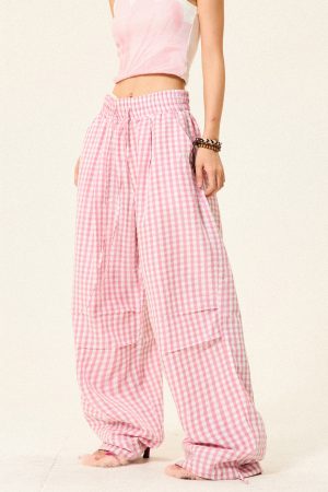 Pleated Checkered Casual Cargo Pants for Women - Summer Thin Wide-Leg Trousers - Y2K Inspired Floor-Length Fashion