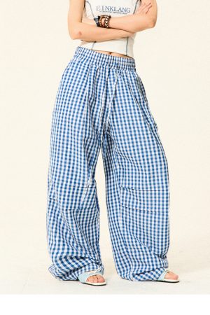 Pleated Checkered Casual Cargo Pants for Women - Summer Thin Wide-Leg Trousers - Y2K Inspired Floor-Length Fashion