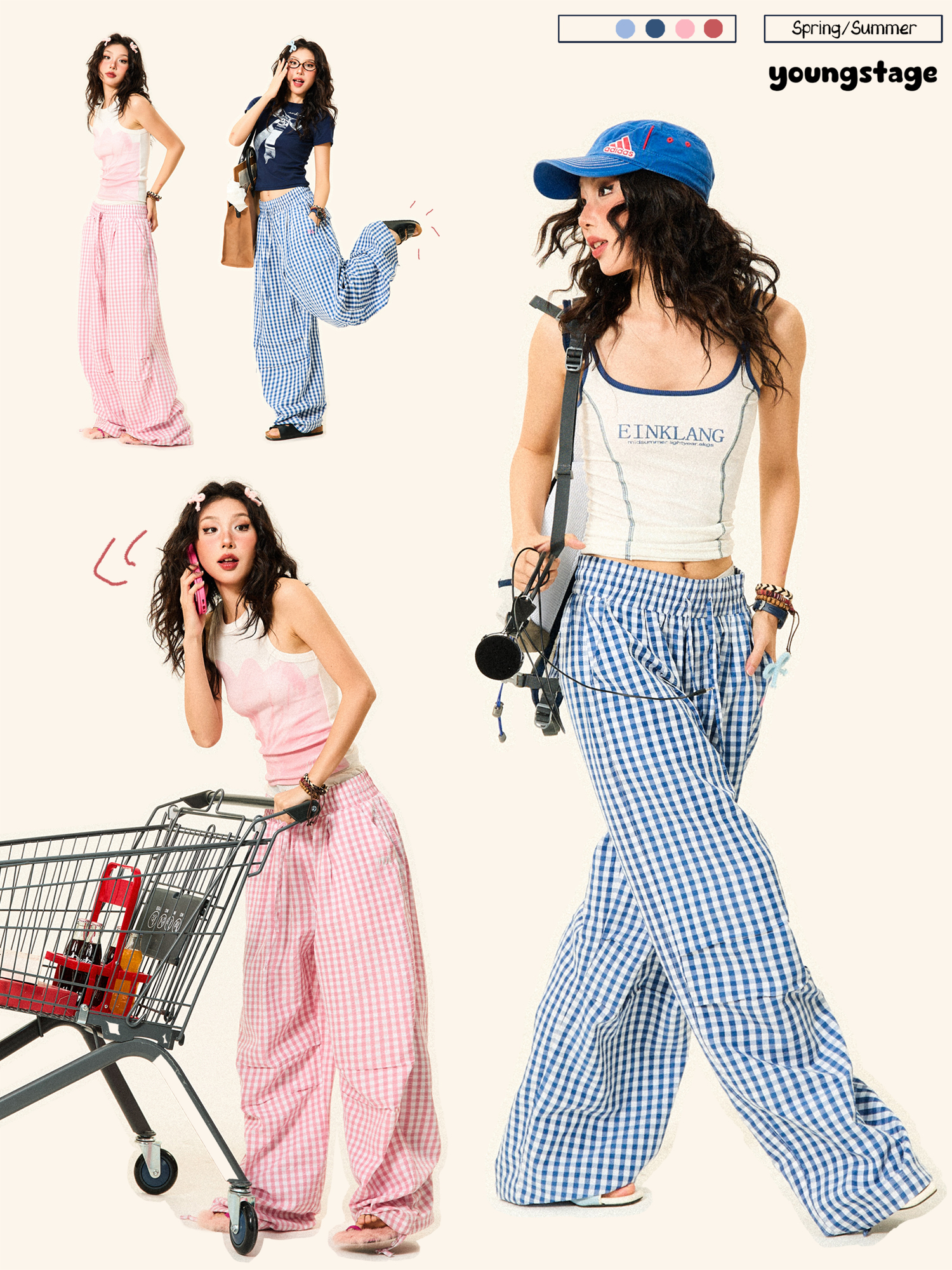 Pleated Checkered Casual Cargo Pants for Women - Summer Thin Wide-Leg Trousers - Y2K Inspired Floor-Length Fashion Pleated Checkered Casual Cargo Pants for Women - Summer Thin Wide-Leg Trousers - Y2K Inspired Floor-Length Fashion