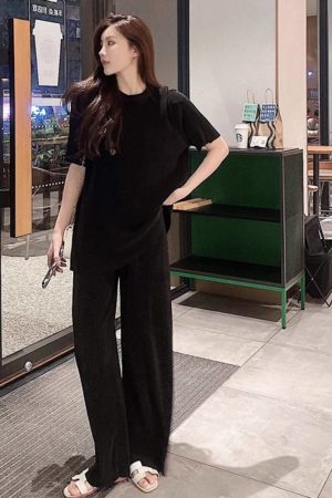 Pleated Two-Piece Set, Miyake Pleats, Slimming Casual Women's Round Neck Top with Straight Floor-Length Pants, Spring/Summer Fashion