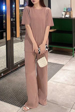 Pleated Two-Piece Set, Miyake Pleats, Slimming Casual Women's Round Neck Top with Straight Floor-Length Pants, Spring/Summer Fashion