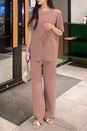 Pleated Two-Piece Set, Miyake Pleats, Slimming Casual Women's Round Neck Top with Straight Floor-Length Pants, Spring/Summer Fashion