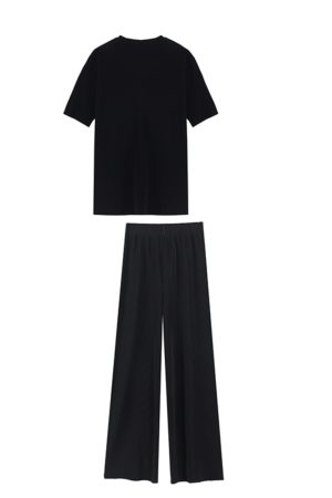 Pleated Two-Piece Set, Miyake Pleats, Slimming Casual Women's Round Neck Top with Straight Floor-Length Pants, Spring/Summer Fashion