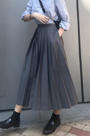 Pleated Umbrella Skirt - Retro Mid-Length Gray Skirt with Pockets for Spring Summer - Stylish High-Temperature Fashion