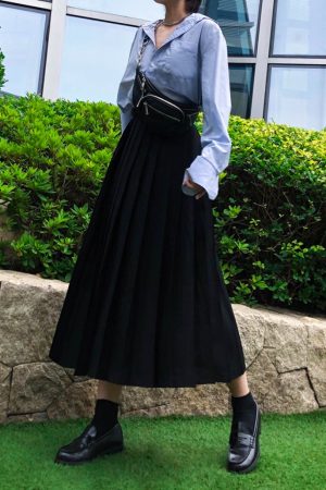 Pleated Umbrella Skirt - Retro Mid-Length Gray Skirt with Pockets for Spring Summer - Stylish High-Temperature Fashion