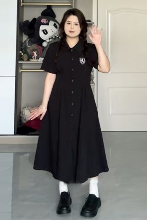 Plus-Size A-Line Hepburn-Style Summer Dress with Polo Collar, Waist-Cinching and Flattering for Curvy Women, Retro Fashion