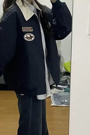 Plus Size American Retro Embroidered Patch Color-Blocking Lapel Jacket for Women - Spring Autumn Baseball Style for Curvy Fits