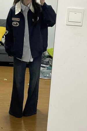 Plus Size American Retro Embroidered Patch Color-Blocking Lapel Jacket for Women - Spring Autumn Baseball Style for Curvy Fits